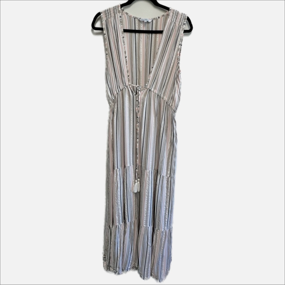 BLUE ISLAND Midi Dress. Gray Pink White and Gold Stripes. V neckline Waist Tie